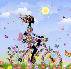 蓝天白云草地春天满身鲜花蝴蝶骑着自行车的美女图片