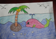 儿童绘画作品 鲸鱼 椰树 大海图片