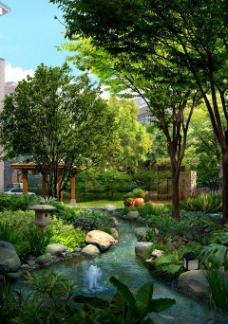 喷泉设计高档别墅公园效果图图片