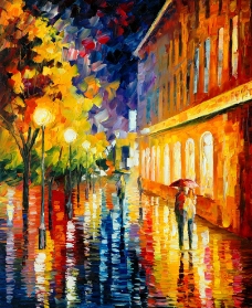 油画都市夜雨图片