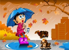 秋的儿童落叶秋雨中的卡通儿童小狗图片