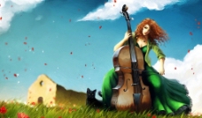 拉大提琴的美女图片